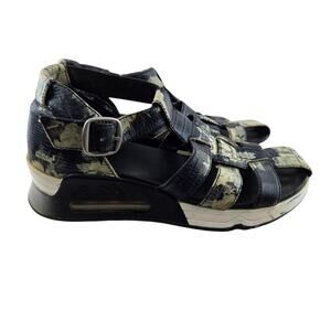 Ash Sandals Womens 5 35 Platform Wedge Black Cream Floral Croc Embossed Leather